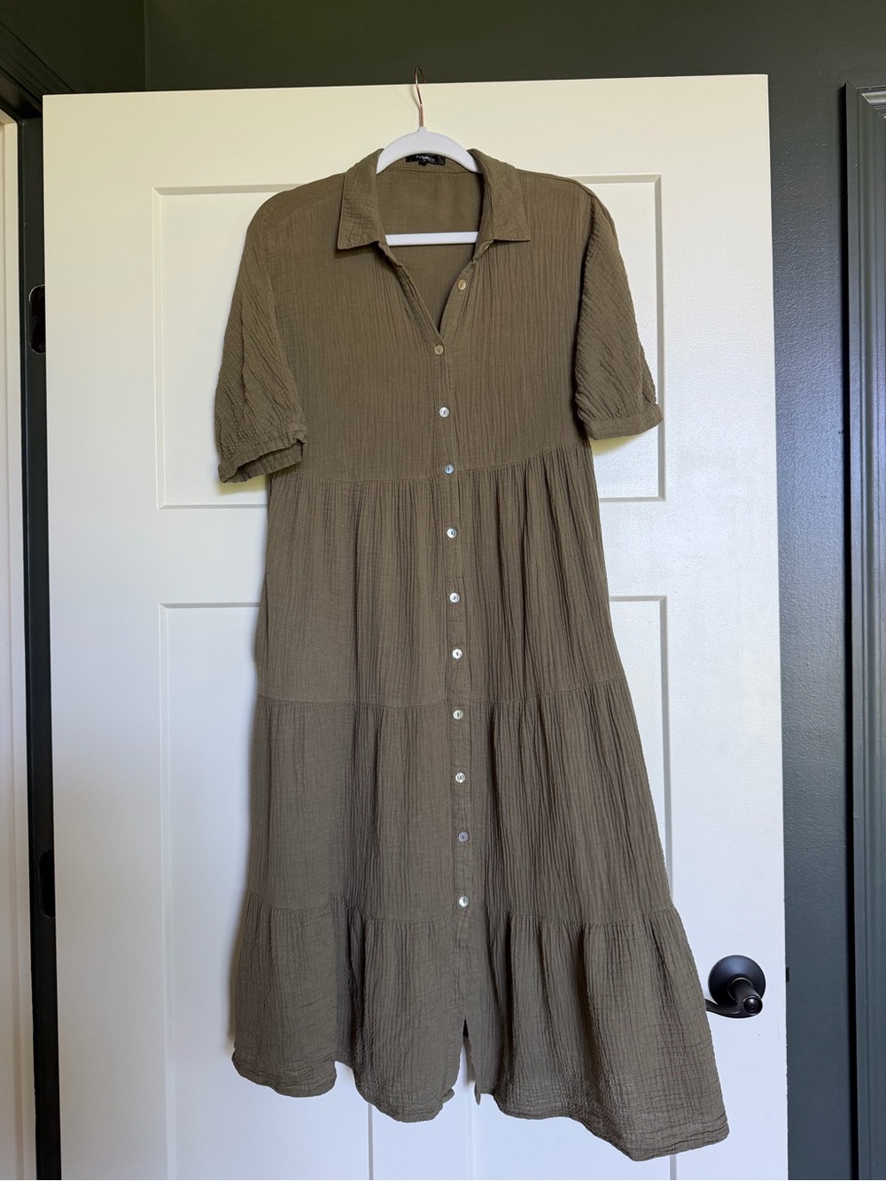 Tiered Button-Front Cotton Gauze Dress in Olive Green